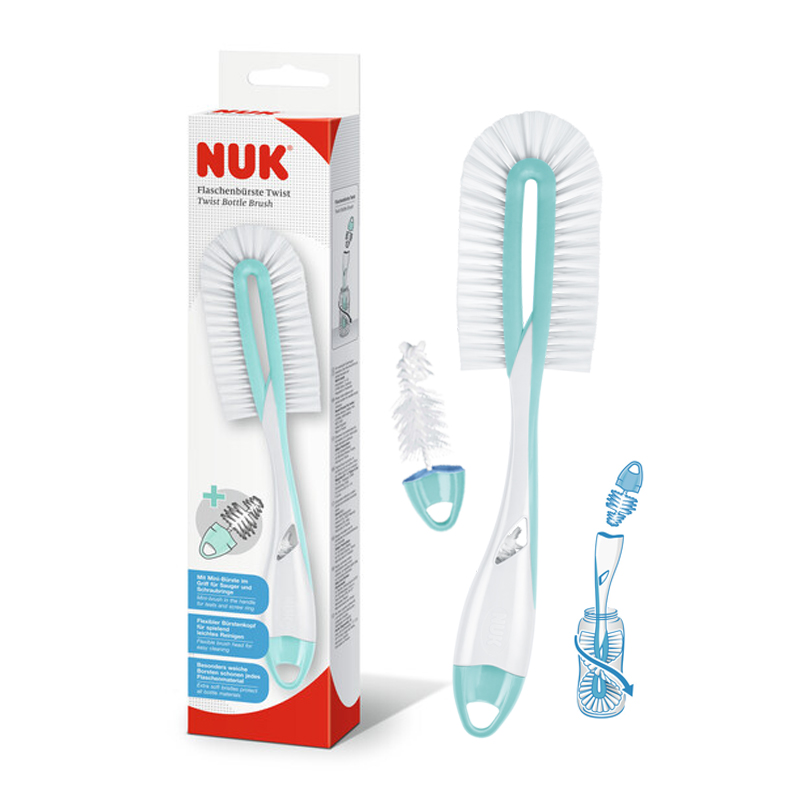 NUK Twist Bottle Brush | Made in France | Flat Brush for Thorough and Gentle Cleaning of Baby Bottles with Teat Brush